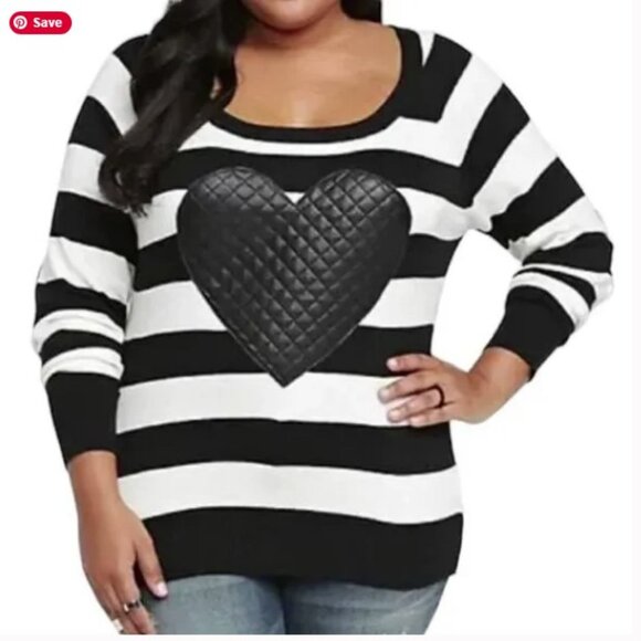 torrid Tops - Torrid Black & White Striped Quilted Distressed Heart Patch Scoopneck Sweater